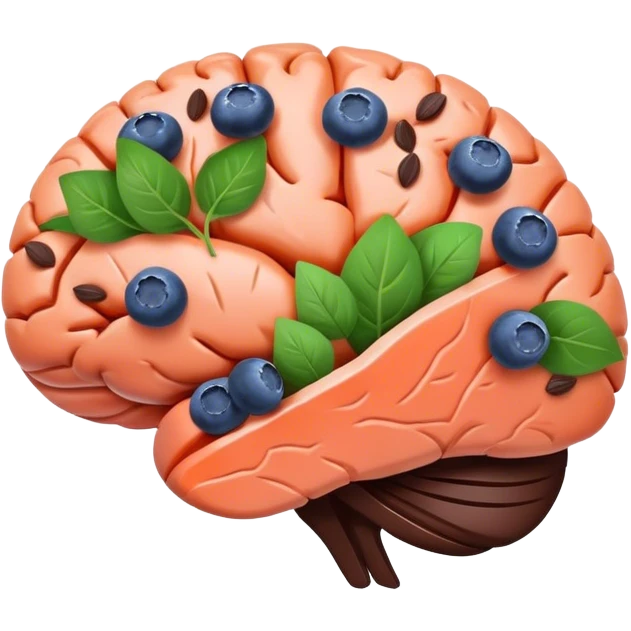 brain surrounded by healthy lifestyle choices, exercising, salmon, dark chocolate, blueberries, seeds, leafy greens . brain booster emoji