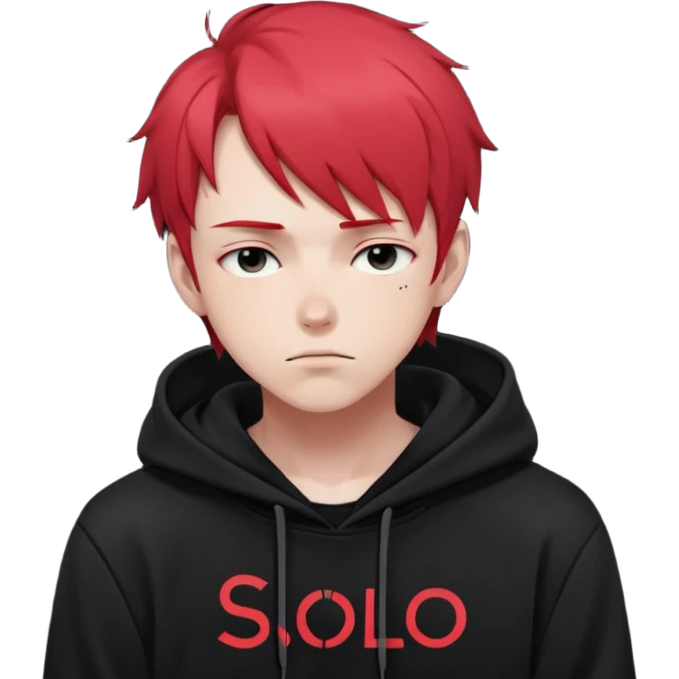 "Sleepy-faced anime man with short neon red hair, wearing a black hoodie with 'SOLO' written on it, dark moody monochrome tone" emoji