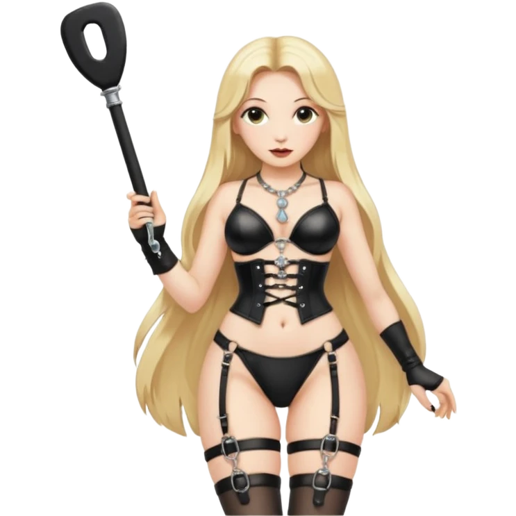 Dominatrix with long blonde hair, a small rectangular leather paddle in her right hand, wearing black lingerie with a garter belt, and a necklace around her neck with a key pendant emoji