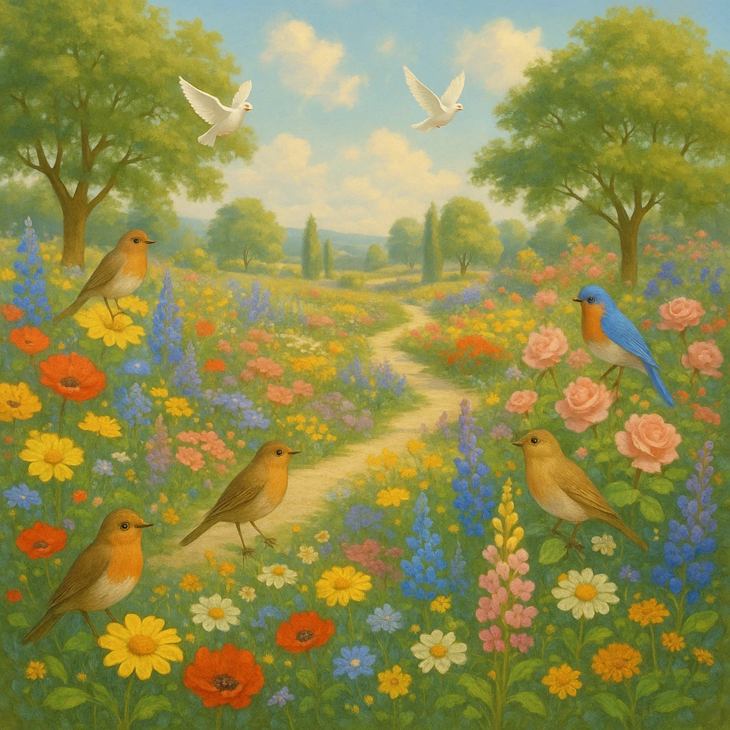 utopian garden with flowers, birds, and no cats in sight emoji