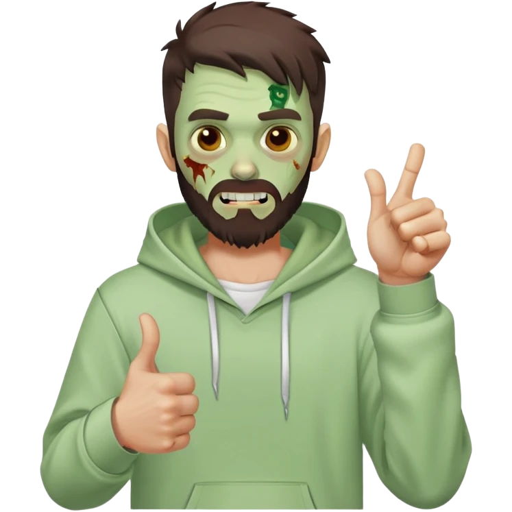 zombie with thumbs up gesture, undercut hairstyle with dark brown hair, short full beard, wearing plain white hoodie emoji