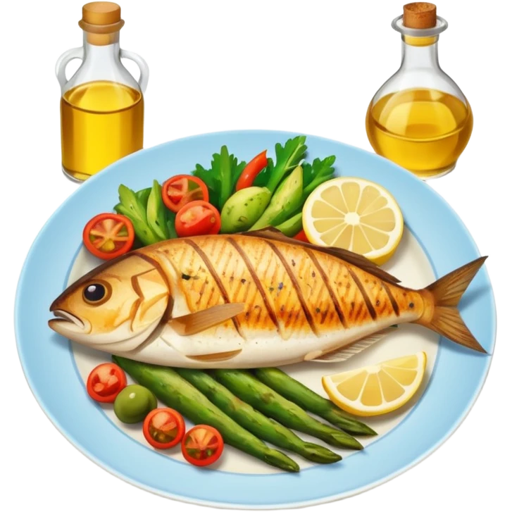 plate with fish, vegetables, and olive oil bottle emoji