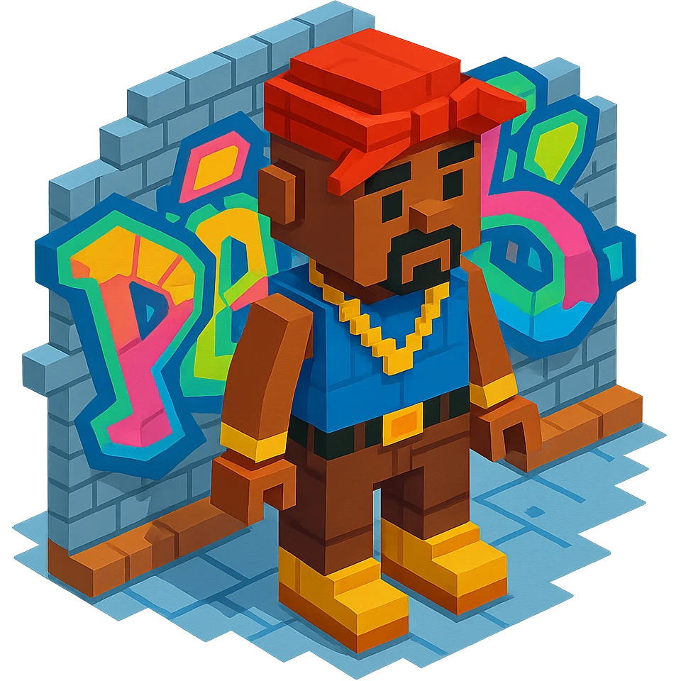 Lego 2Pac standing in front of a colorful graffiti backdrop, urban street vibe, detailed and vibrant emoji