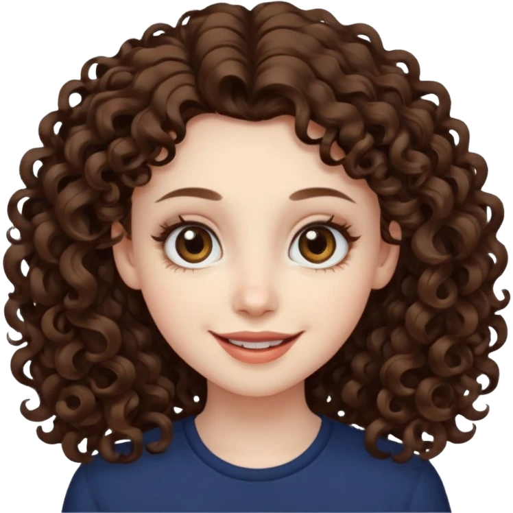 Light brown eyed female with pale skin. She has big eyes, curly and long dark brown hair and thin lips smiling. emoji