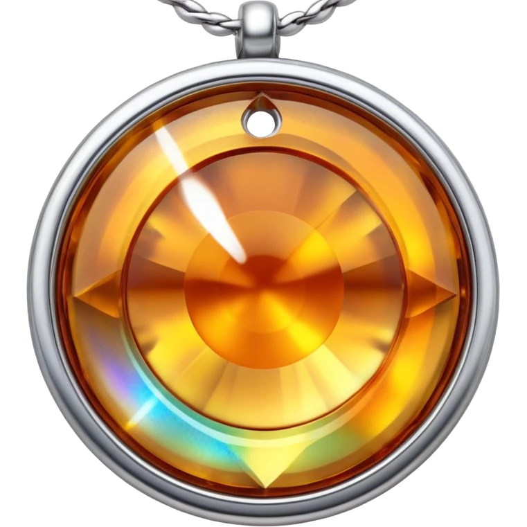 extreme close up of a round cut holographic amber charm with silver metal accent and rope chain emoji