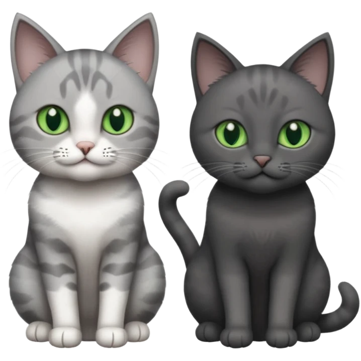 2 different coloured grey cats including one dark grey and white cat and one completely solid dark grey cat with green eyes and only white paws emoji