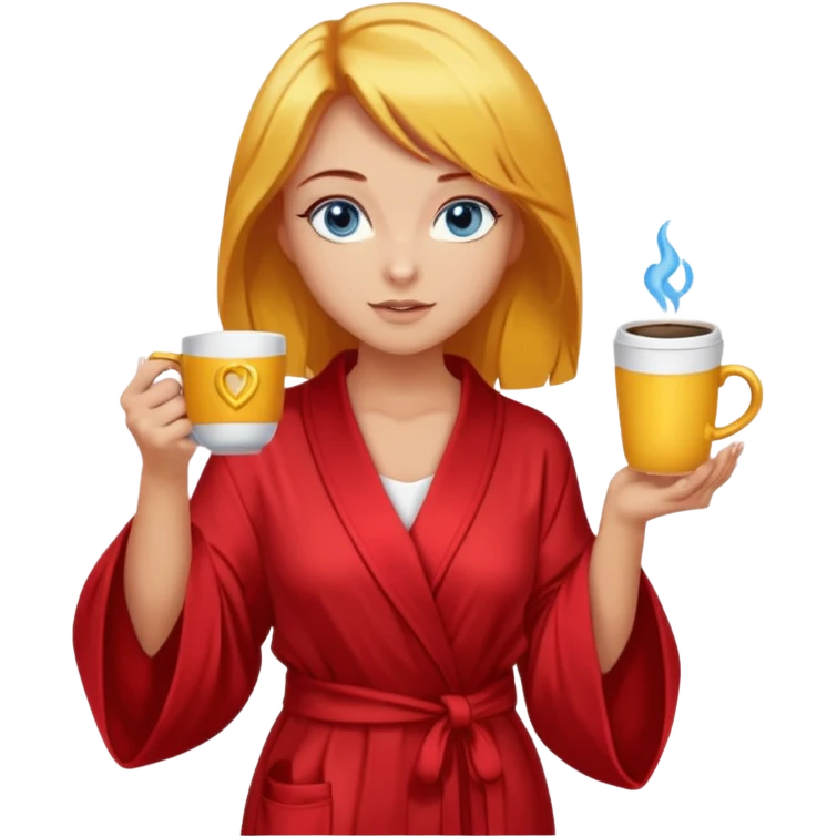 lightly tanned skin, blue eyes, cute and sexy girl with bright yellow-brown hair in a few shades of red robe, golden rings, slight cute makeup, full body, slightly turned aside pose, holding a coffee mug emoji