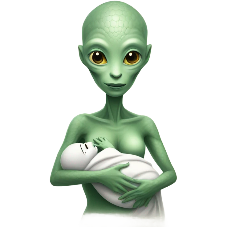  Reptilian alien woman , full body,  holds a newborn white humman baby emoji
