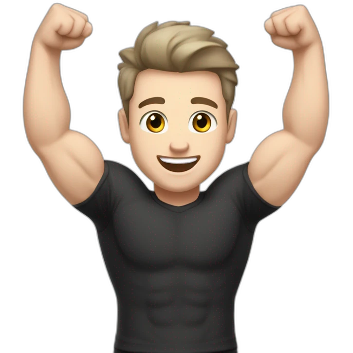 Joyful Celebrating victory Pale skinned Fit Man With the biceps and dark brown hair in black shirt, gray sports shorts and white Sneakers emoji