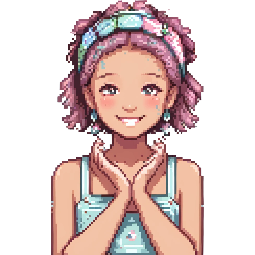 preppy girl applying skincare, pastel colors, headband, cheerful expression emoji