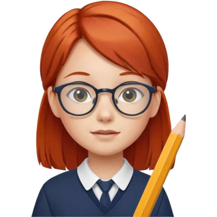 red long hair girl kid with glasses → holding a pencil with school uniform emoji