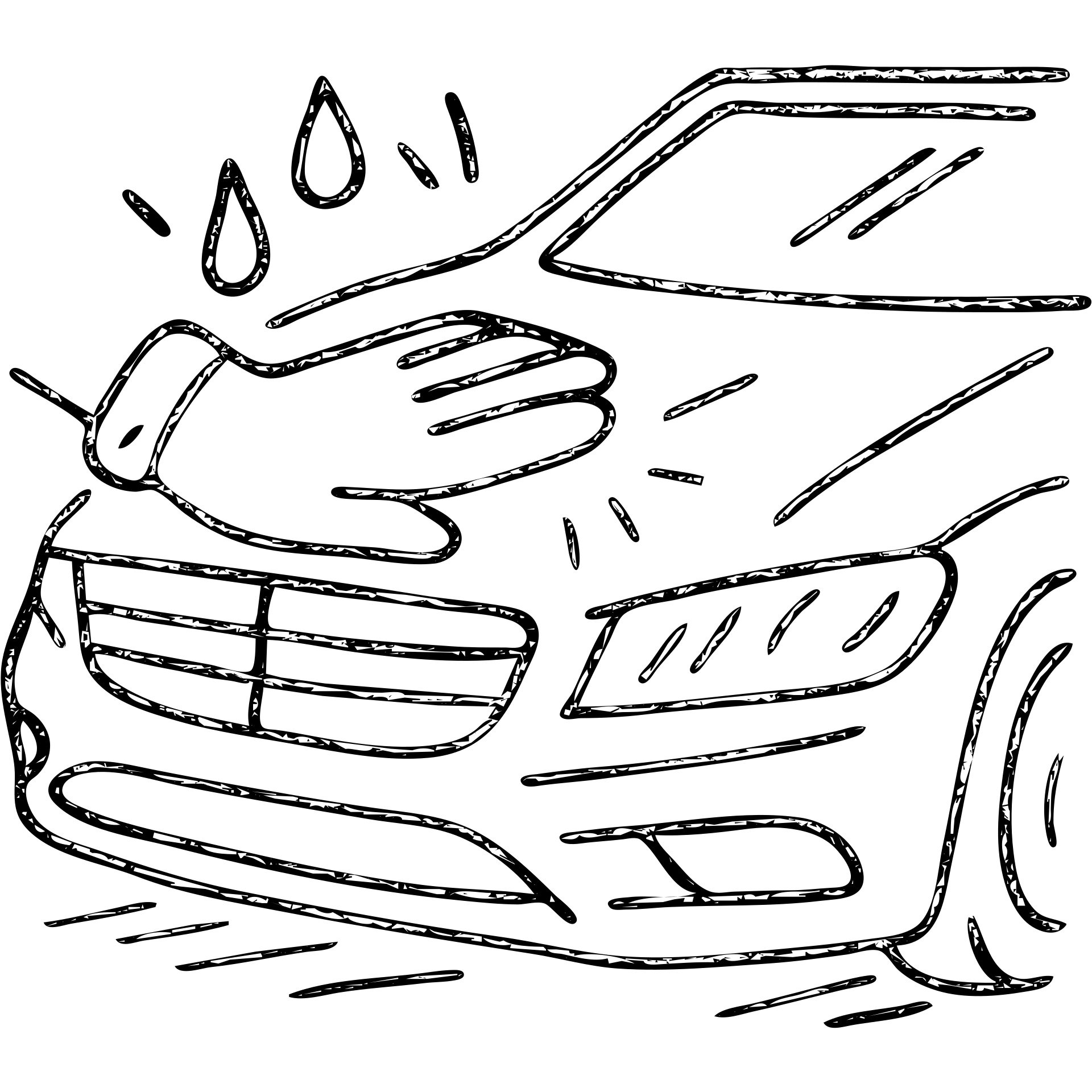 hand-drawn outlined icon of a gloved hand on the hood of a high-end car, drops or shine, black and white details, soft motion lines, clean and modern emoji
