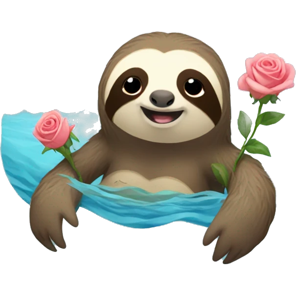 Sloth swimming in the ocean on its  back and holding roses emoji
