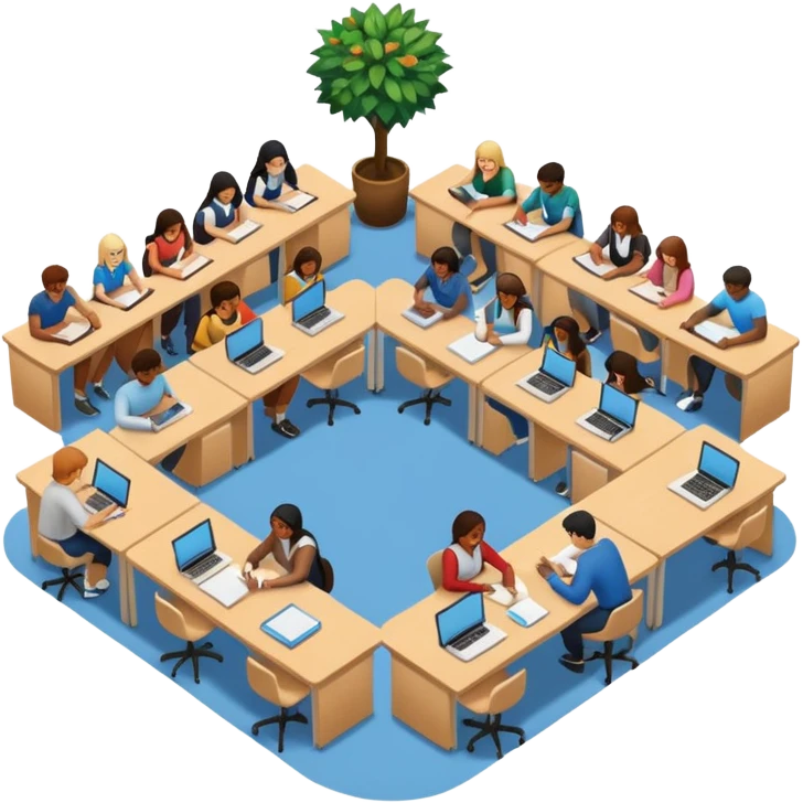 Birdseye view of large study space with students working separately add students emoji