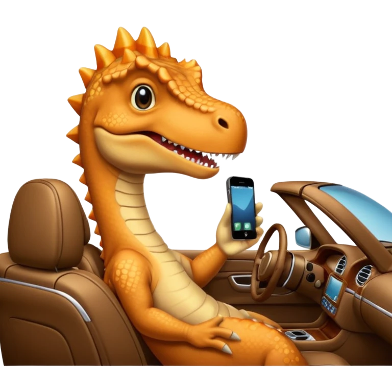Dinosaurio con iPhone en un carro lujoso emoji