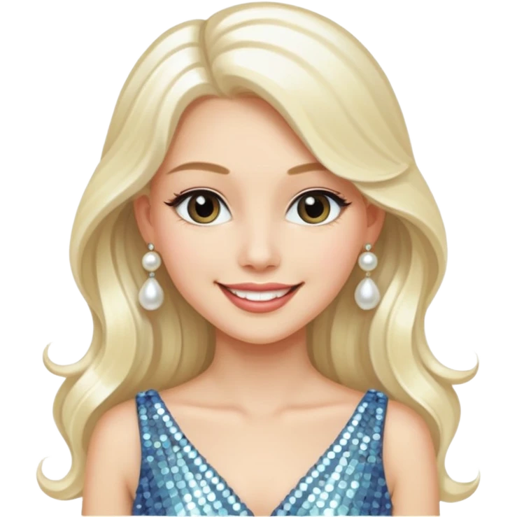 emoji of a young elegant lady, long platinum blonde hair, wearing a sequin dress and pearl drop earrings, graceful smile emoji