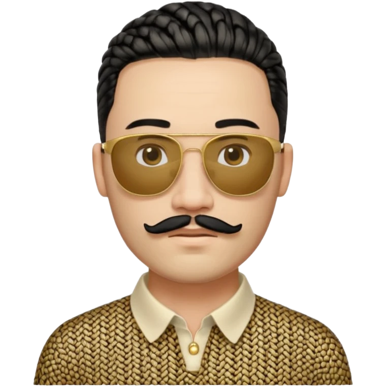 thin face, light skin, beard only on chin, mustache only above upper lip, no hair under lower lip, detailed black braids, rectangular gold sunglasses, beige top with GG pattern and collar, faithful to reference photo emoji