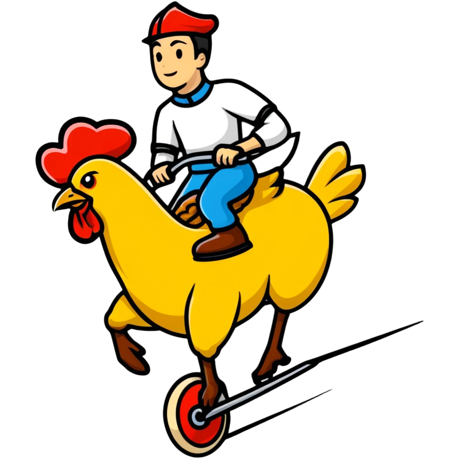funny person riding a giant chicken like a jockey, internet meme, comical, human jockey on chicken emoji