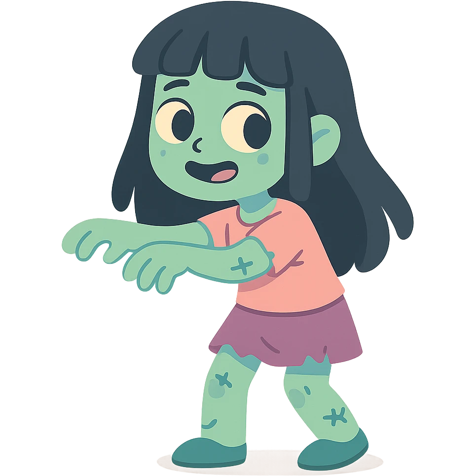 a zombie girl with black long hair and bangs, pastel toon style, soft colors, gentle emoji