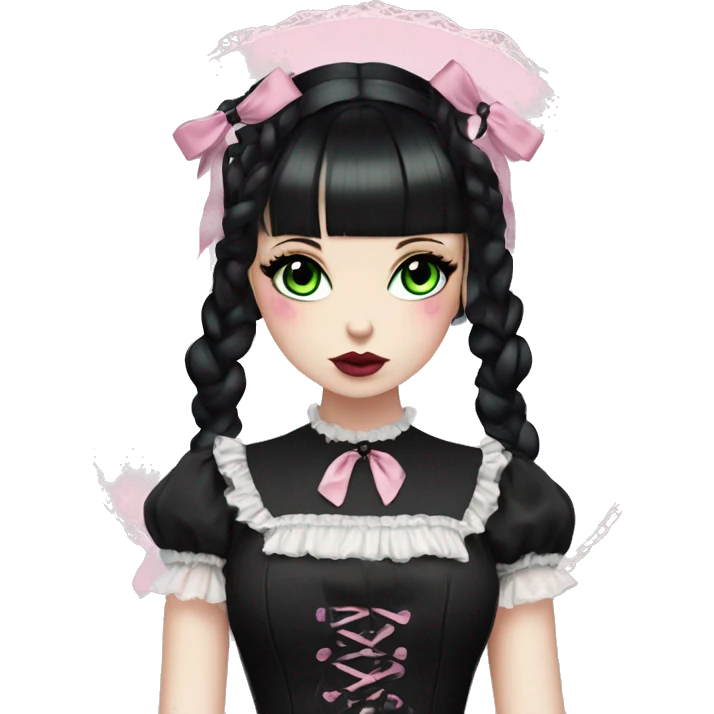 pale woman with black hair, pink lips and eyeshadow, long eyelashes, green eyes, black Lolita dress with laces and ribbons, gothic Lolita doll look emoji