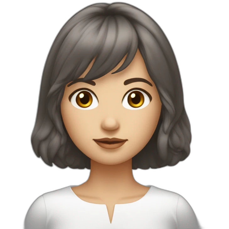 Femme brune frange cheveux coupe carré, yeux bleus et peau blanche avec boucle d’oreille argenté emoji