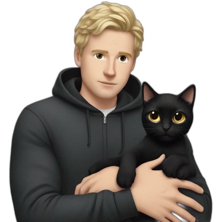 white man blakc hair, beany in tracksuit holdin black cat like a baby in arms emoji