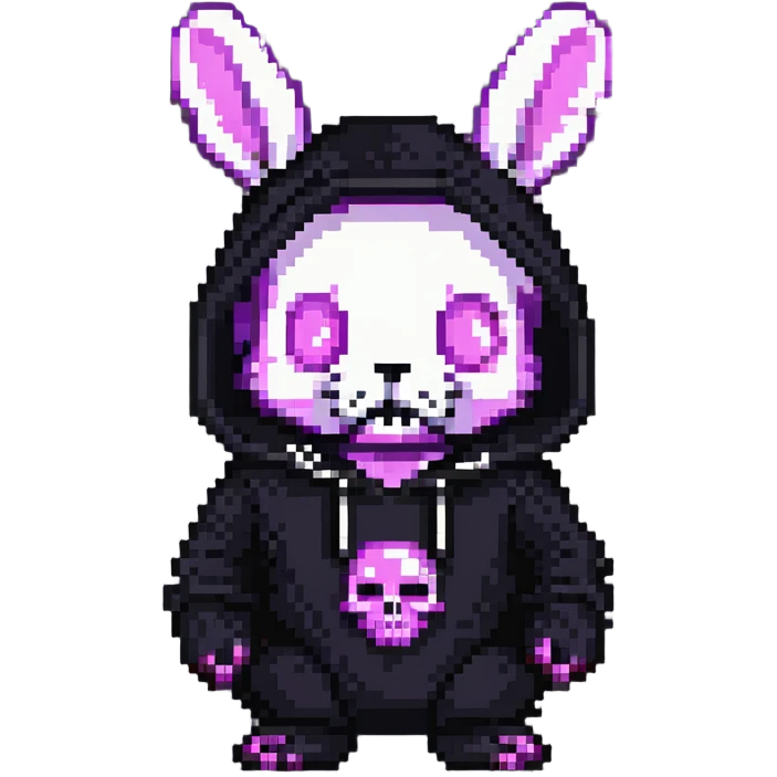 Kuromi character, purple bunny with a black hood and pink skull emoji