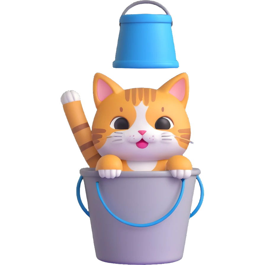 cute cat sitting with a large bucket stuck on its head, playful expression emoji