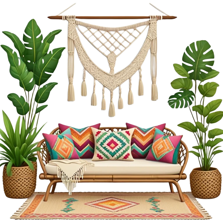cozy bohemian living room with macrame wall hanging, plants, rattan furniture, and colorful cushions emoji