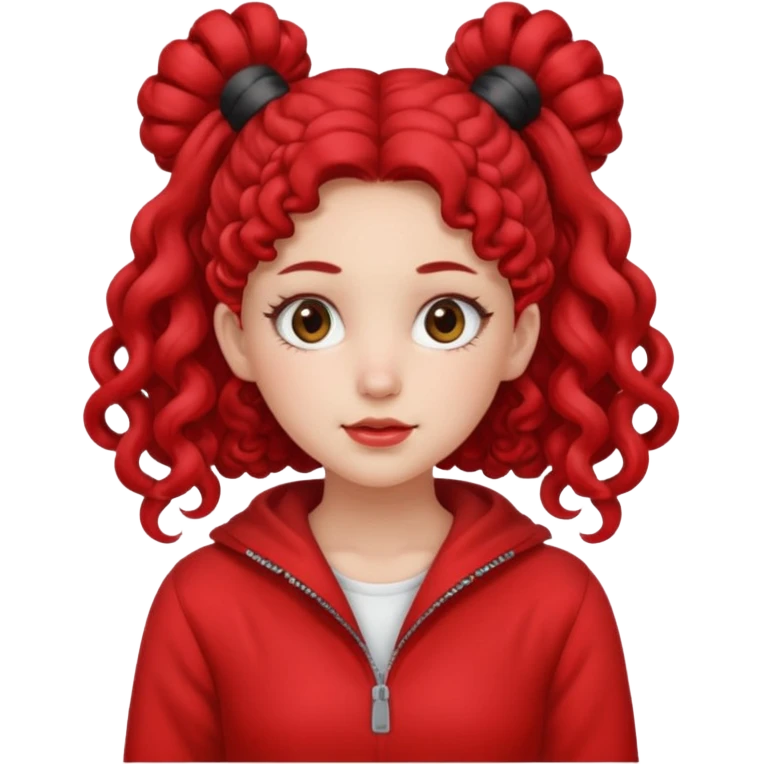 Give her long curly hair with two space buns up and red clothes emoji