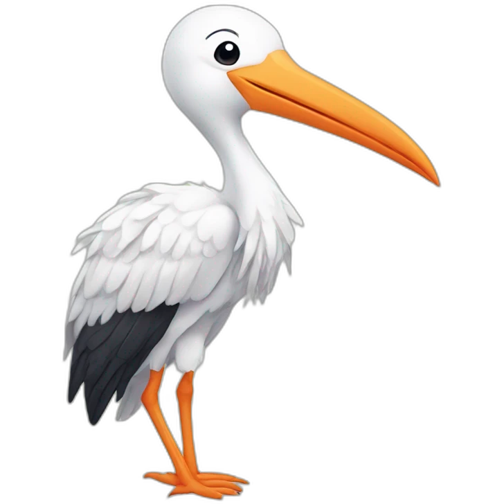  white stork with a long beak. The stork is carrying a bundle of cloth in its beak that has a cute baby human and his face peeking out from it emoji