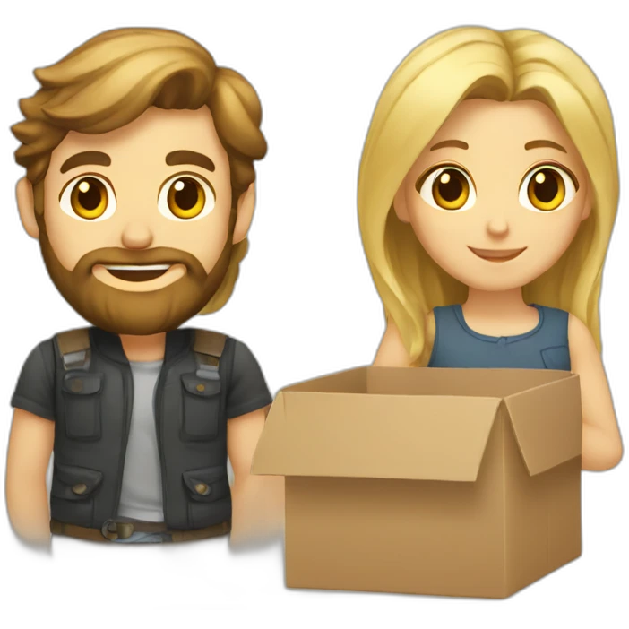 Blond bearded developer and brown hair girl in box emoji