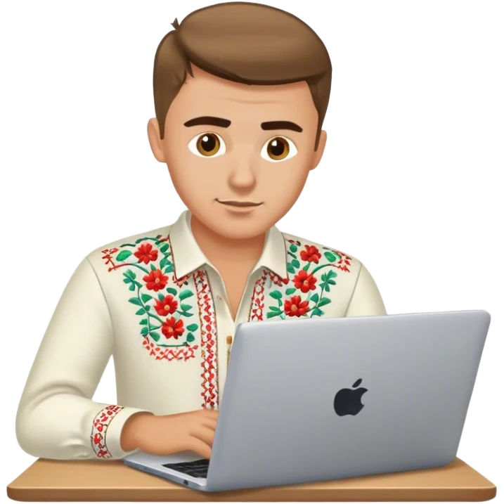 A Ukrainian guy in an embroidered shirt works at his laptop emoji