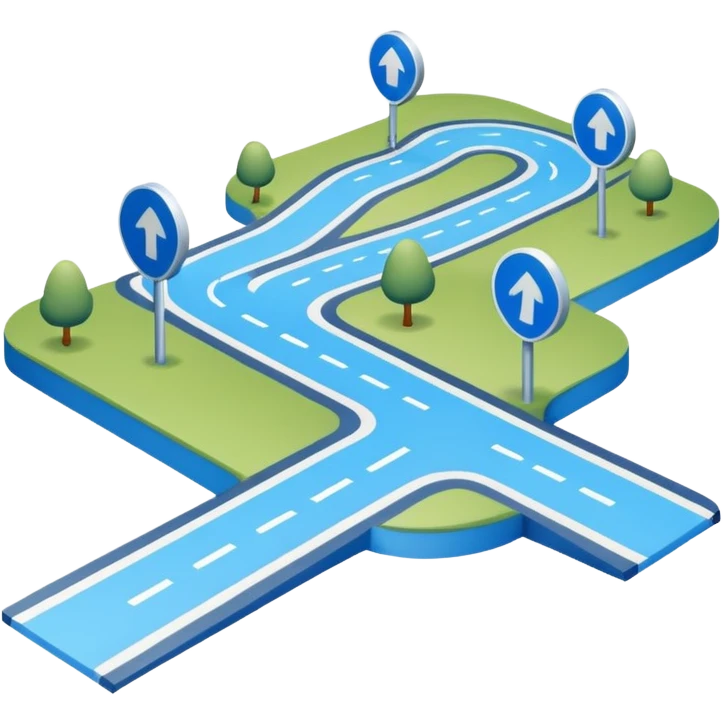 
A 3D minimal icon showing a street route with a clear path, blue road with white markings, in a clean, minimal 3D style and a transparent background. emoji