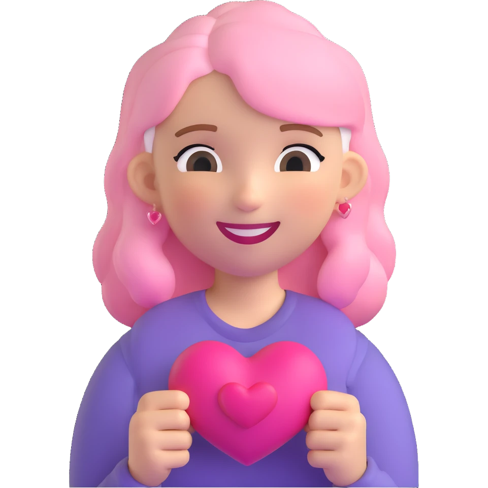 girl with pink and white hair, smiling, holding a heart, 3D emoji style emoji
