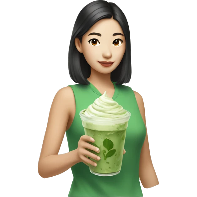 Iced matcha latte with a rich Asian girl holding it  emoji