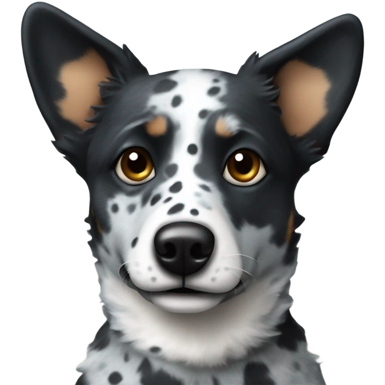 Blue heeler with floppy ears and is black with white spots emoji