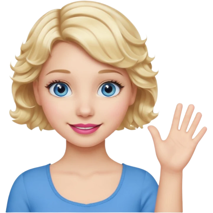 Girl Blonde short wavy hair,  blue eyes, cute blue top, long lashes, pink lips, waving hello  emoji