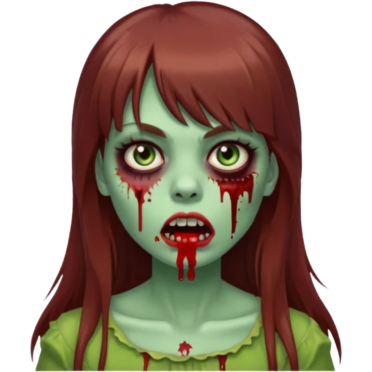 zombie girl, with long brown hair and bangs, green skin and blood in her mouth

 emoji
