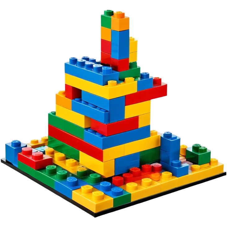 A photorealistic icon featuring colorful LEGO bricks in the process of being assembled into a structure, with a few partially built pieces. bright design, detailed textures of the bricks and the building process, capturing the creativity and fun of LEGO construction. Transparent background. emoji