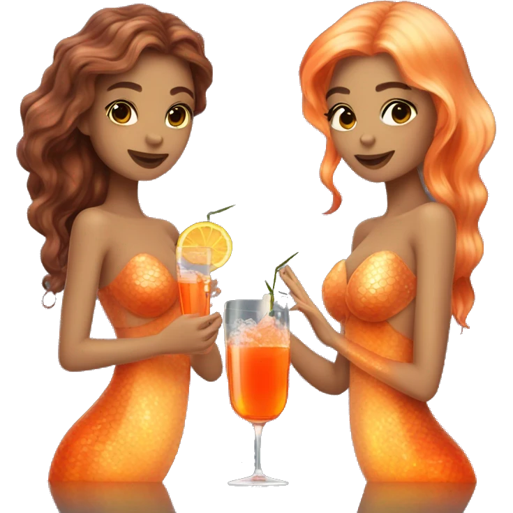 Three beautiful mermaids (light skin) drinking aperol emoji