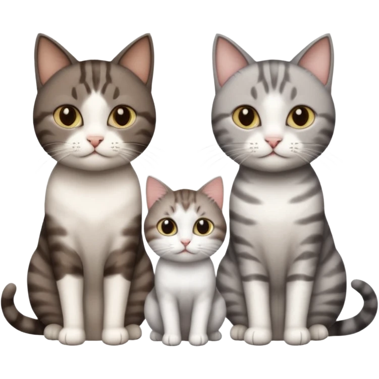 3 different coloured short haired cats including; a dark brown tabby and white cat, and a dark grey and white  emoji