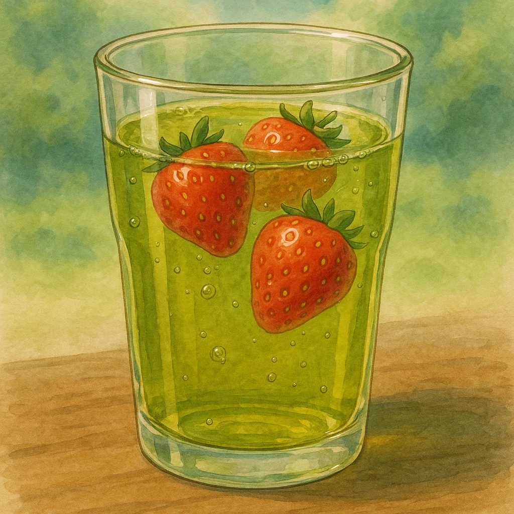 realistic glass of green tea with strawberries in ghibli style emoji