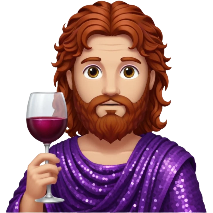 Liber, God of Wine from Roman Deities with long reddish brown wavy hair and beard, purple sequin toga  emoji