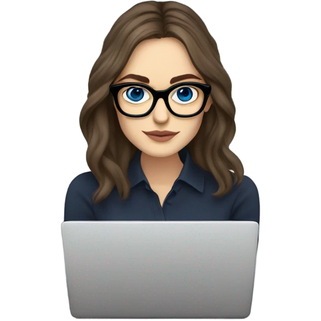 Hyper Realistic Photo keireav Knightly wearing black glasses and blue eyes  on a laptop  emoji