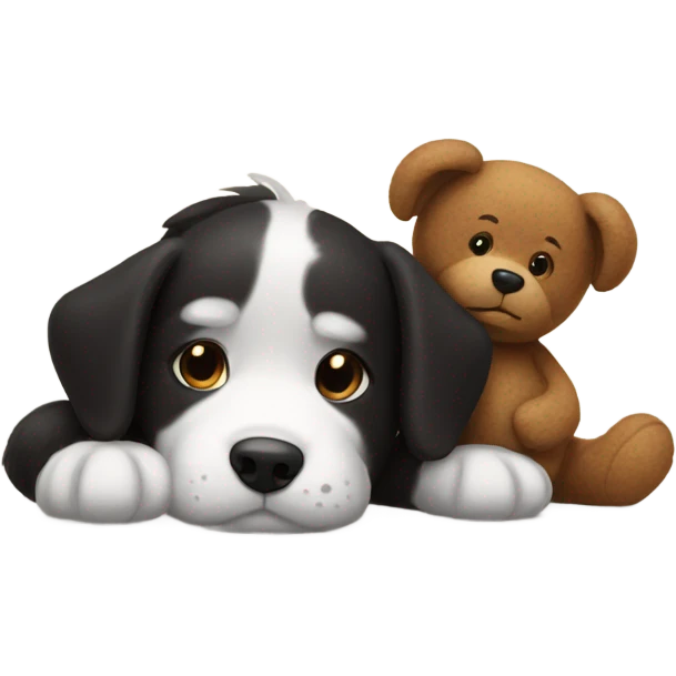 Black and white dog laying next to brown teddy bear emoji