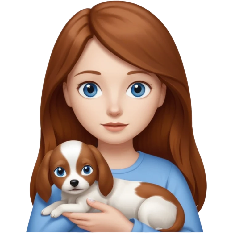 long hair chestnut color blue eyes woman holding small plain white dog emoji