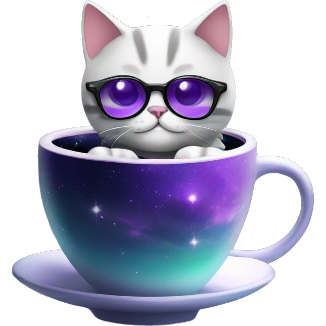 Cute purple hoverpetcat in space in a space ship with cool black glasses on with a cup of coffee by it's side  emoji