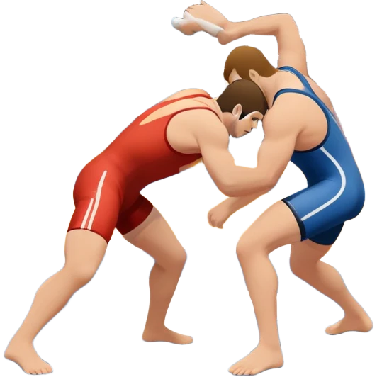 An icon representing freestyle wrestling, with two athletes engaged in a dynamic struggle on the mat. One wrestler attempts a takedown while the other counters, showcasing agility and technique. The background features a stylized wrestling ring with minimal design elements, emphasizing the action.  emoji