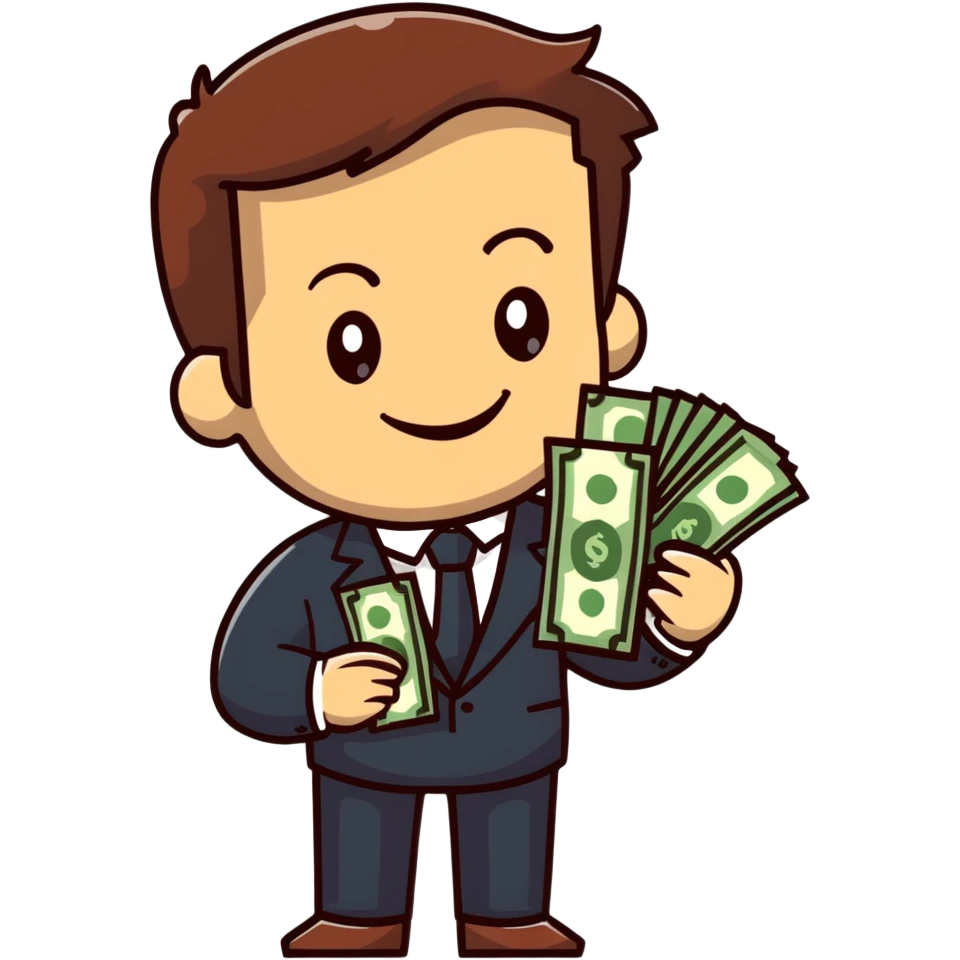 white male in a suit with money in his hand, smiling expression, happy face, brown hair emoji